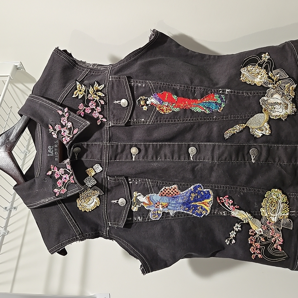 Embroidered Black Denim Vest
